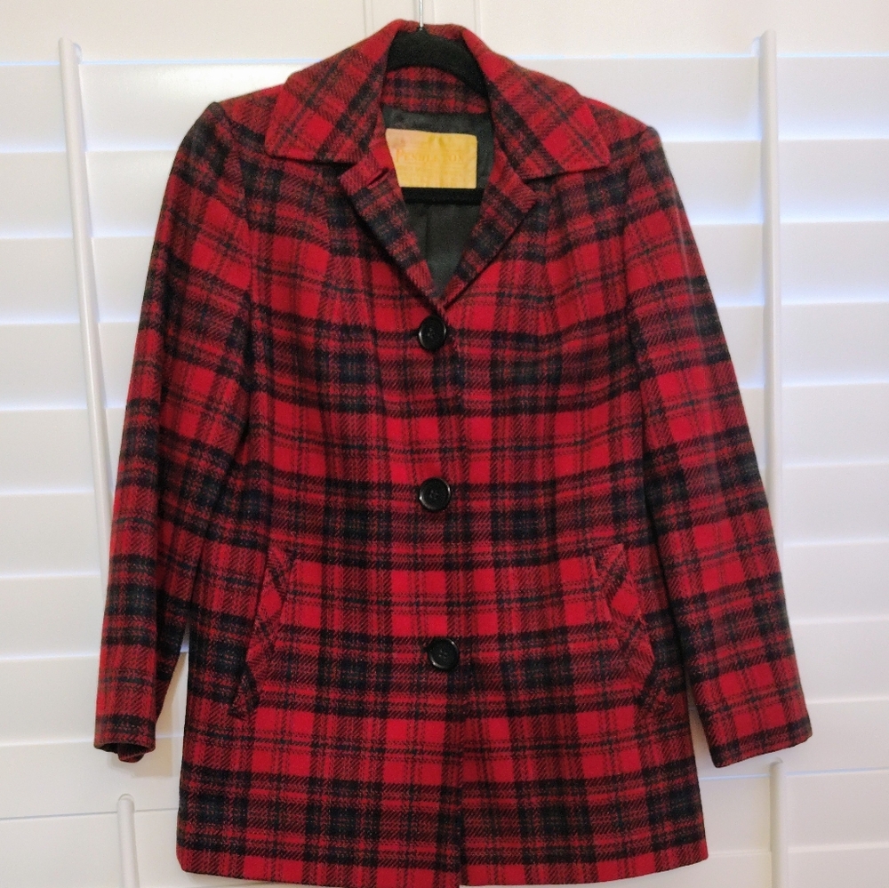 VTG '50s PENDELTON LONG RED PLAID CLASSIC WOOL BLAZER JACKET WOMEN'S SZ M. EUC